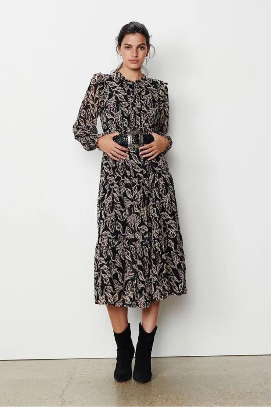 Ba&sh Gilda Black Purple Floral Print Midi Dress Size 0 US 2 Long Sleeve Chiffon